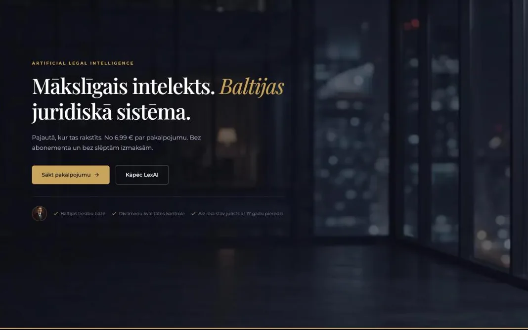 LexAI home page with the headline “Artificial intelligence. The Baltic legal system.” (in Latvian)